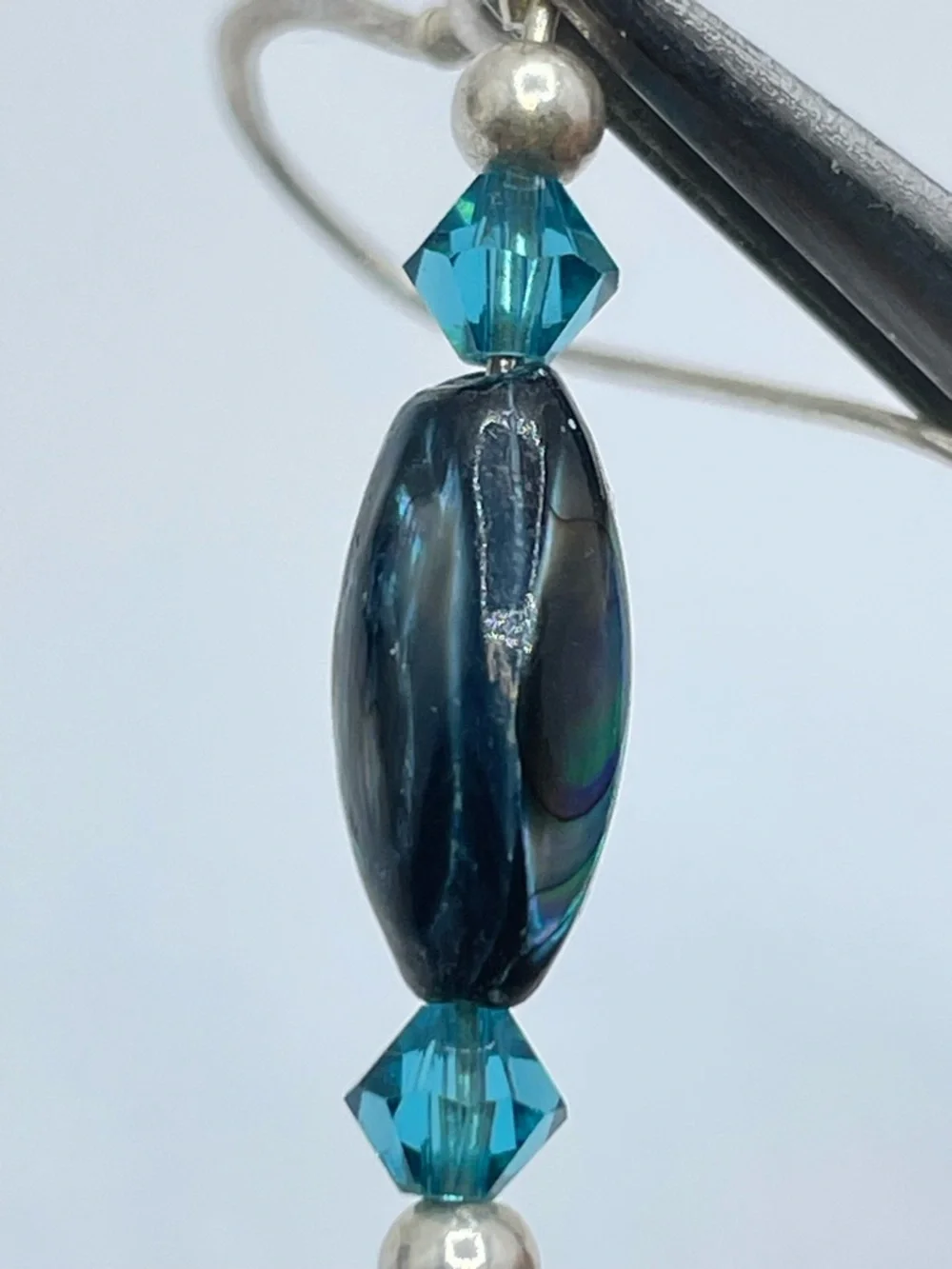 925 Sterling Silver Abalone Shell Teal Crystal Dangle Earrings Elegant